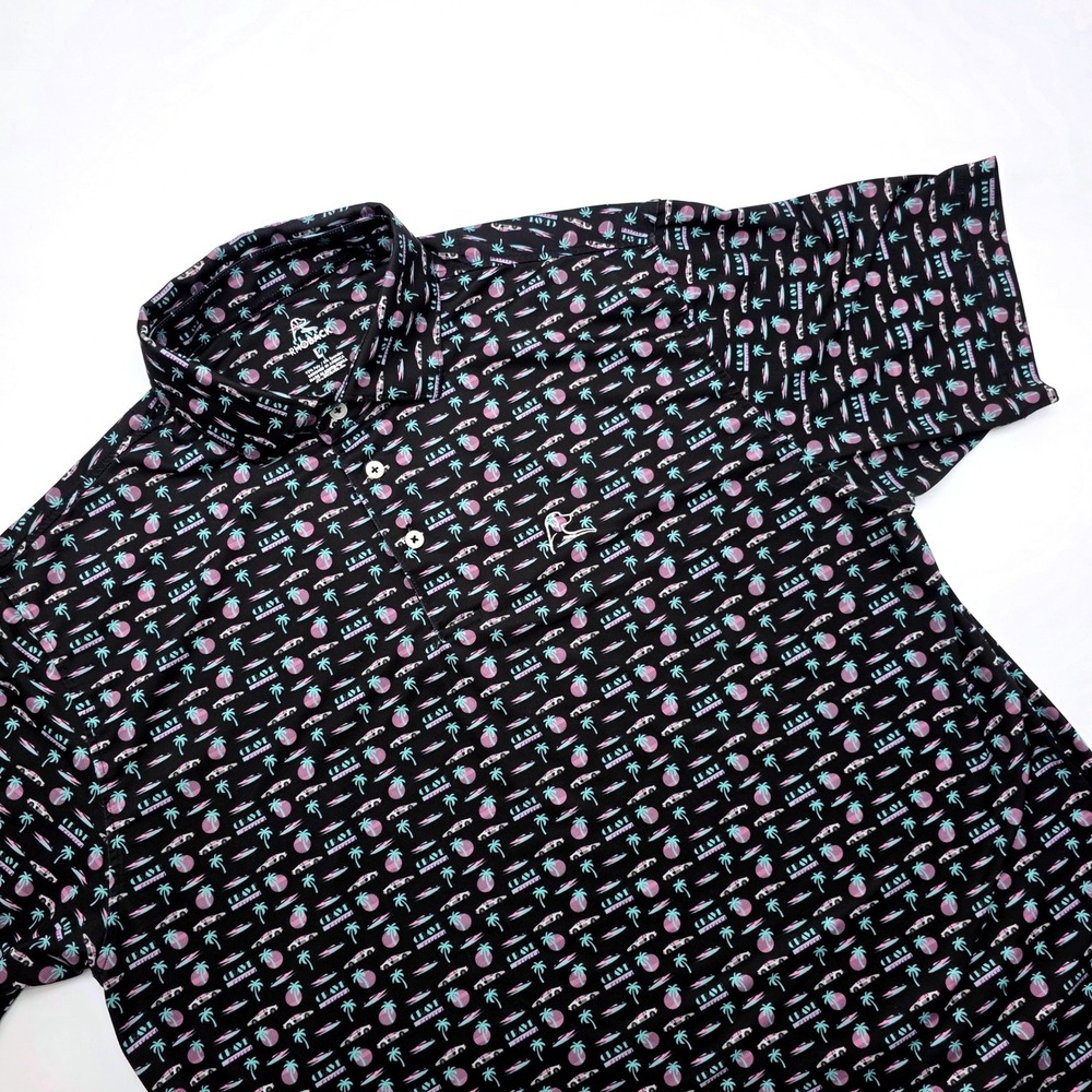 Rhoback Mens Large Vaporwave Palm Tree Sports Car Performance Golf Polo Black